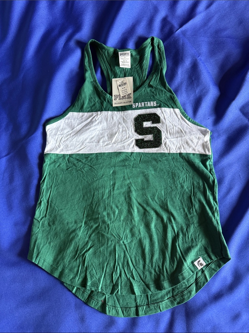 PINK Victoria's Secret Green & White Spartans Racerback Tank